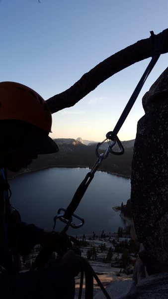 Rapping from tree on descent - sunset on half dome and Tenaya in the background (Sept 25, 2015)