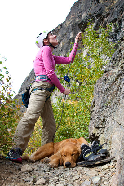 Trish belaying on "E" with her tired puppy at her feet. Photo Credit: Darryl Han