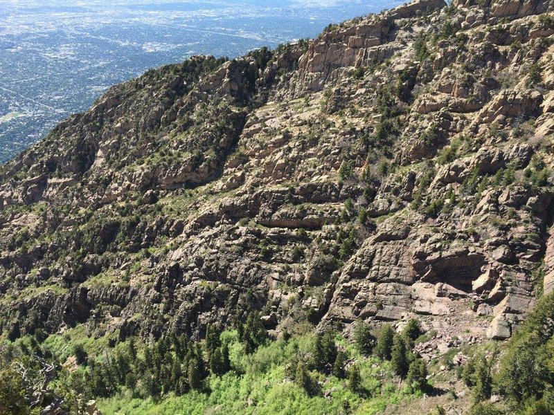 This is the terrain you have to traverse (the south face of the north summit) after climbing the west slabs to get to the north facing quartzite cliffs of the south summit. It's not at that fun. Not heinous, but difficult to avoid significant bushwhacking. Getting off the ridge of the north summit sooner rather than later is advisable.