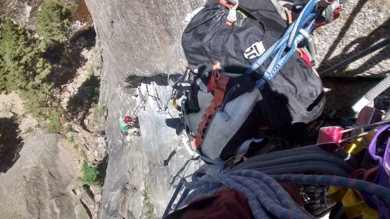 Mike cleaning pitch 2, he got a lot of practice ascending a traversing rope on this climb.