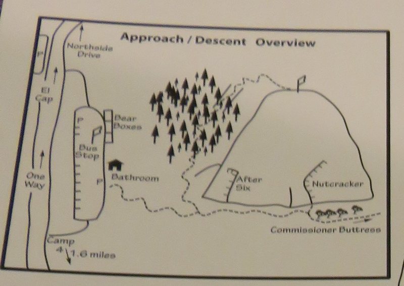 This is the (lack of) level of detail in the new Yosemite guide book on the descent off of the Manure Pile buttress. No descriptions, just a drawing. Not really useful except we know we have to find a way down on the left side.