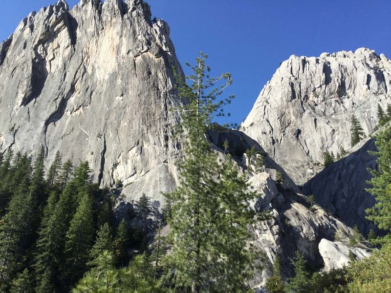 View of Beck's Peak and Gottowantit Wall from about the creek or descending down to the creek.