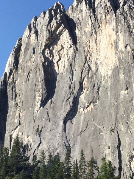 Closer up view of Beck's Peak Face. Direct Route goes up the center into the right facing dihedral at the top.