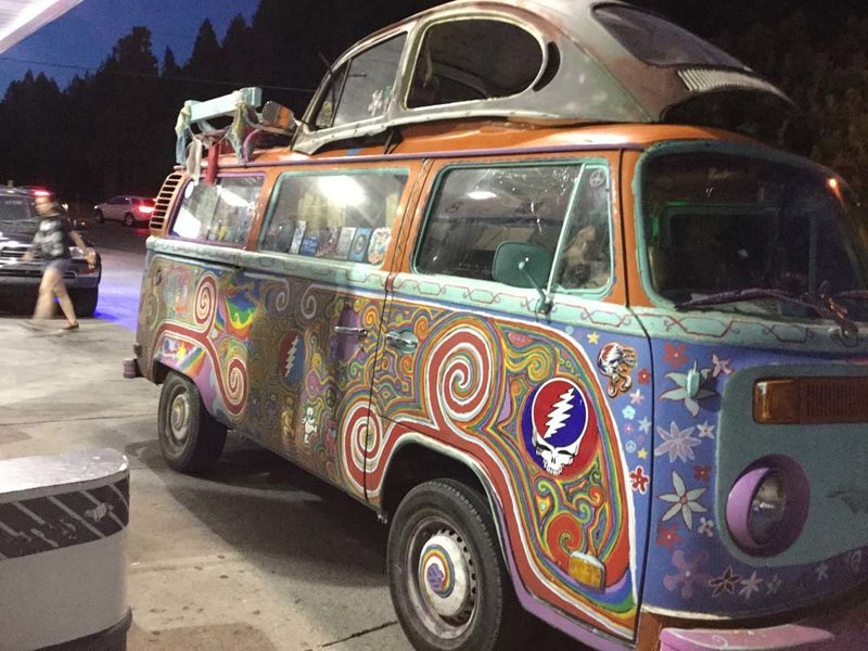 Fun hippie van we saw at the Dunsmuir, CA Chevron after celebrating a day of climbing at Yak's for dinner.