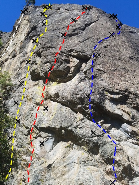 West side routes. White line is Southpaw- 5.9. Yellow line is Jasmine- 10b. Red line is Soul Gravy- 10c. Blue line is Heart and Soul- 11c.