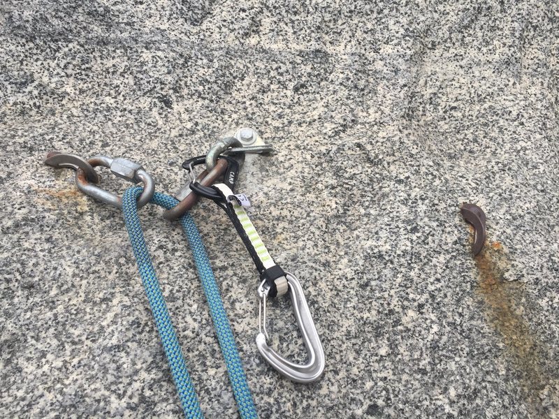 The left janky bolt and an ancient piece of hardware to the right of the anchor. The hangers on those were so thin they could be bent with your fingers and the bolts on them were ridiculously small. There are plenty of current age bolts on this route but there were still two of these to be found on this route