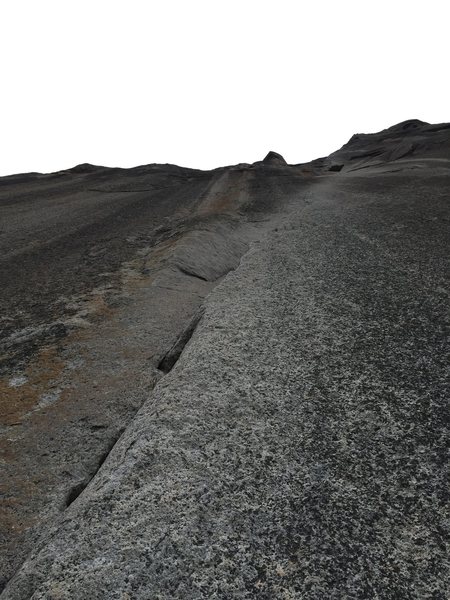 Looking up pitch 5. The reachy bolt ladder starts just after the crack peters out on the blank face.
