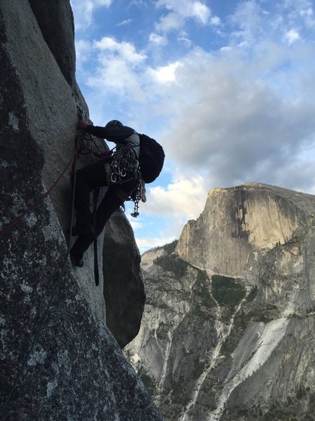 This is about the last aid move on the route followed by some 5.6-5.7 scrambling to the summit.