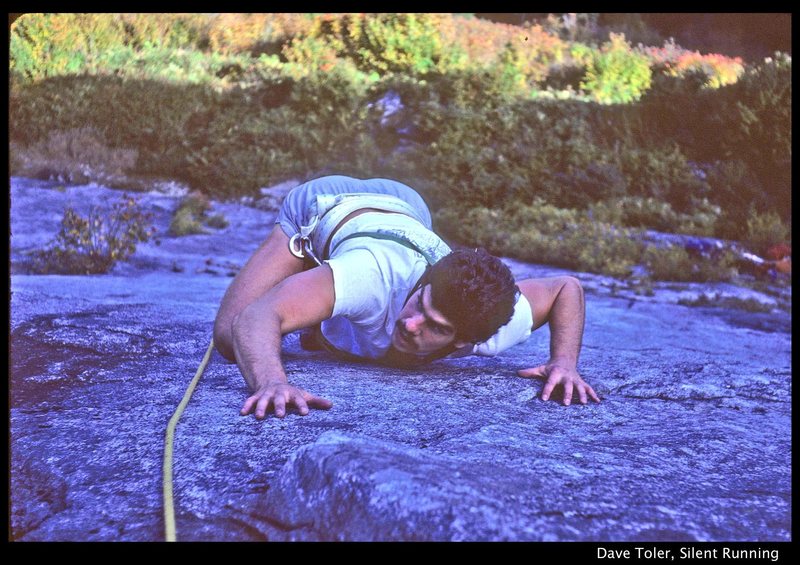 Dave Toler following Silent Running, running ahead of the rope 1980. Note the swami-belt harness.
