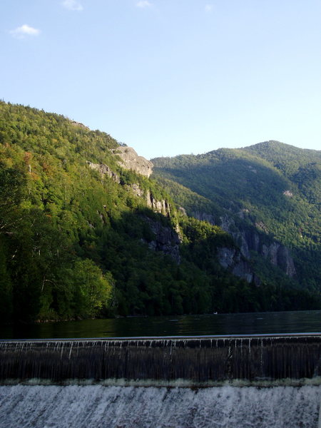 Fishhawk Cliffs and Lower Ausable Lake dam - the starting point for our adventure
