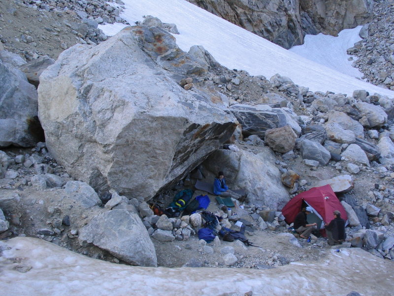 Protected bivy sites on the Moraine. These are not far from the lower saddle when the winds are blasting out of Idaho.