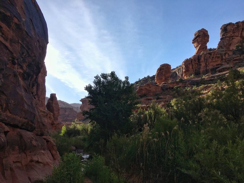 As you round the corner about one mile into the canyon you see Squid Pig on the left, The Frightened Pickle in the middle and The Huntsman on the right.