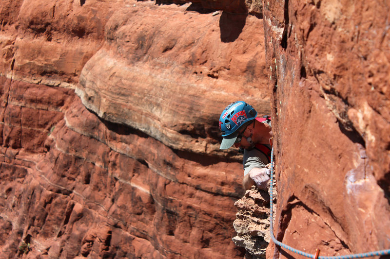 Chris finishing the traverse pitch 2