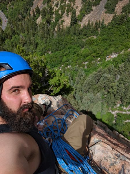 Top of Pitch 3 atop a spire right after the last badass roof!