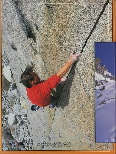 Peter Croft soloing"Bony Fingers," feature in Rock and Ice, September 2002. Photo by Bill McChesney