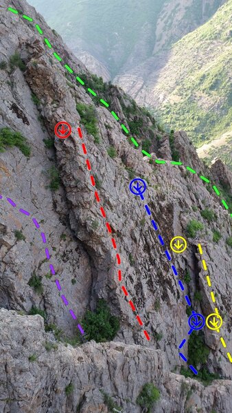 East Face Slab as seen from the Joirney Home on the Dark West Face. <br>
Yellow = Hot Patootie Bless My Soul<br>
Blue = Moss Lords of the Wasatch<br>
Purple = unfinished project<br>
Red = Super .8<br>