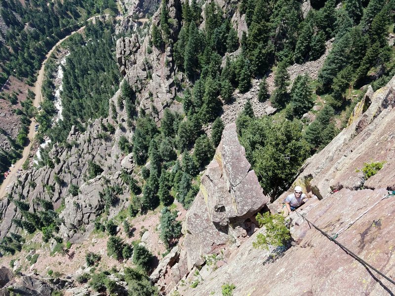 Looking down from the top of the last pitch. The point of Rebuffat's Arete is in the foreground.