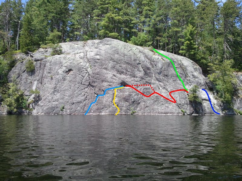 These are the routes my friend and I climbed on June 14-16, 2016. Multiple online sources indicate climbs on this face, but none with any unique names. I have named the climbs based on the line colors on this picture.