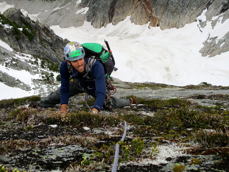 Sam at the moss carpet at the end of the route. This final section makes you appreciate all of Darin's efforts cleaning the few hundred feet of face below this point.