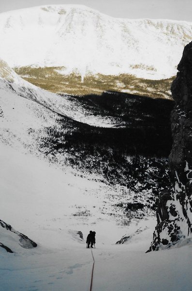 Above the crux and into the long snow climb to the Knife Edge