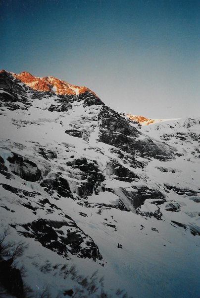 Roping up below pitch one looking towards the Gallery and the Cathedrals (circa 2000)