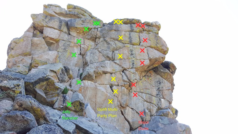 West face of Dude's Throne. The photo doesn't show starting bolts for each route.