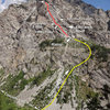 Overview - showing the approach and climbing route.