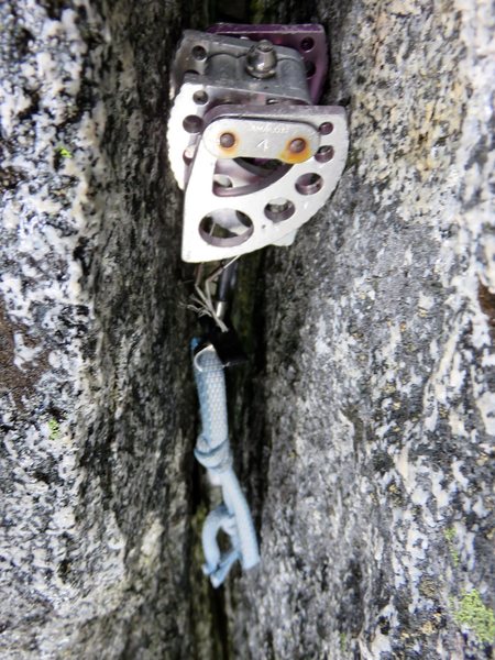 Fixed cam in the offwidth on the second pitch of the Gendarme.
