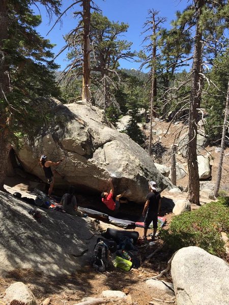 Bert using the alternative beta for shorter climbers, using a heel hook to get to the crux.