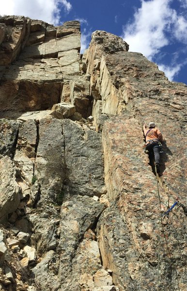 The east face of Buena Vista Wall. Kent starting up a Ridge with a View.