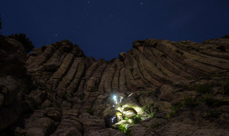 Rappelling off Durrance in the dark. Be sure to watch out for your rope getting caught in the cracks
