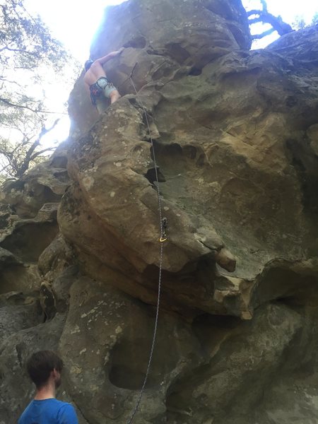 Prepping for the crux on Baby Fat. The ledge above the second clip is a great rest before pushing through to the top