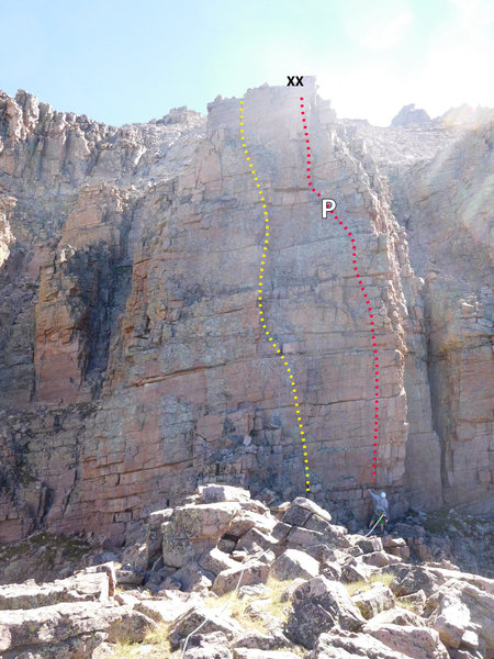 Pitch 3. Left (yellow) line is the variation. Right (red) line is the FA line. Fixed piton and anchors are marked.