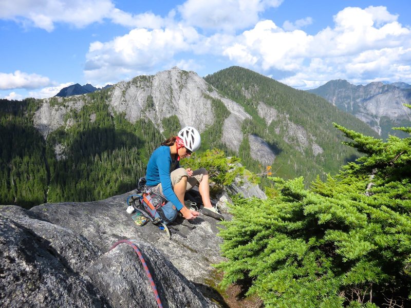 Janet on top. Climbing the 10th pitch (5.6) is worth the satisfaction of getting to the top of the buttress and the unique view.