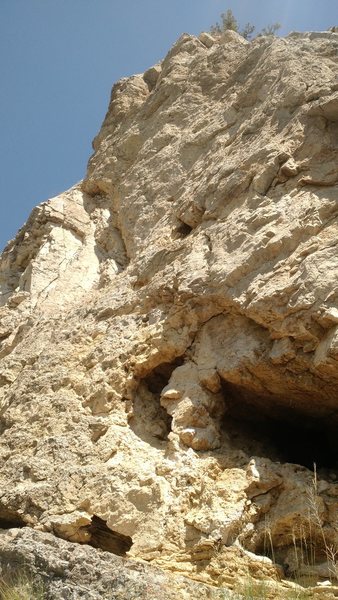 Tsunami climbs the fractured ground to the left of the large whole, to the steep ground above.