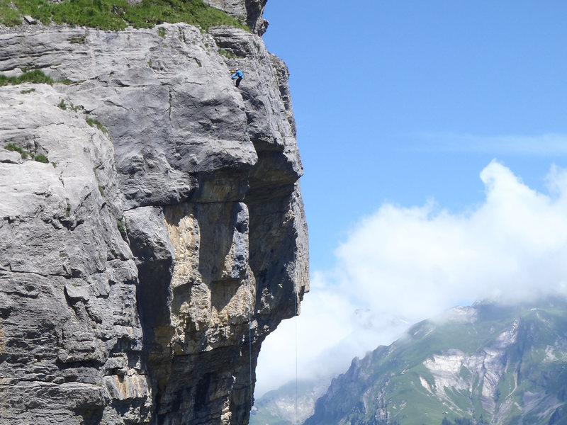 Two climbers at the top of Blauer Kaefer, from the top of Kontinuum. Shows the steepness of the abseils below!
