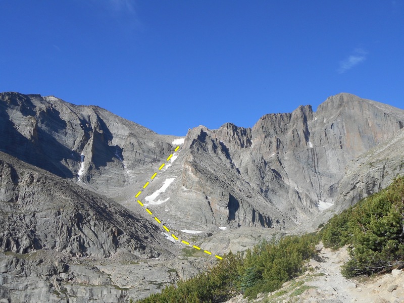 This is the route to the Loft, left of the Ship's Prow. The Roach guidebook says Class 3 late season, with little to no snow. I encountered some 4th class rock up high, staying out of the snow.
