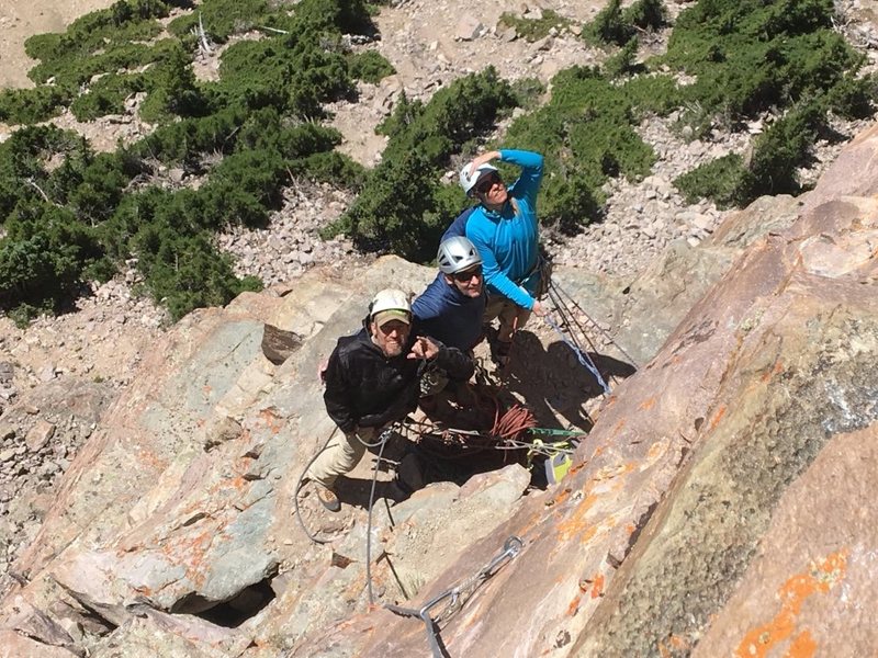 Site developers Craig (Rudy) Martin, Jersey Dave Littman, and Julia Salmi on a large belay ledge