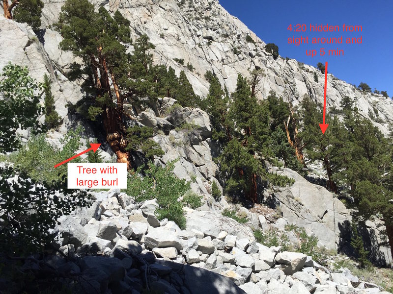 At the top of the approach trail, where the cairns go both left and right. 4:20 wall is to the right and up 5 minutes more.
