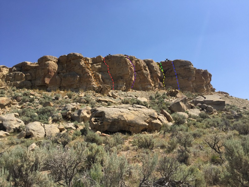Twin Creek; Blue- Hearing Voices, Yellow- 465 Easy St., Green- 465 Variation, Purple- Live Trap Chimney, Red- Mandible, Orange- Optional scramble ascent/descent
