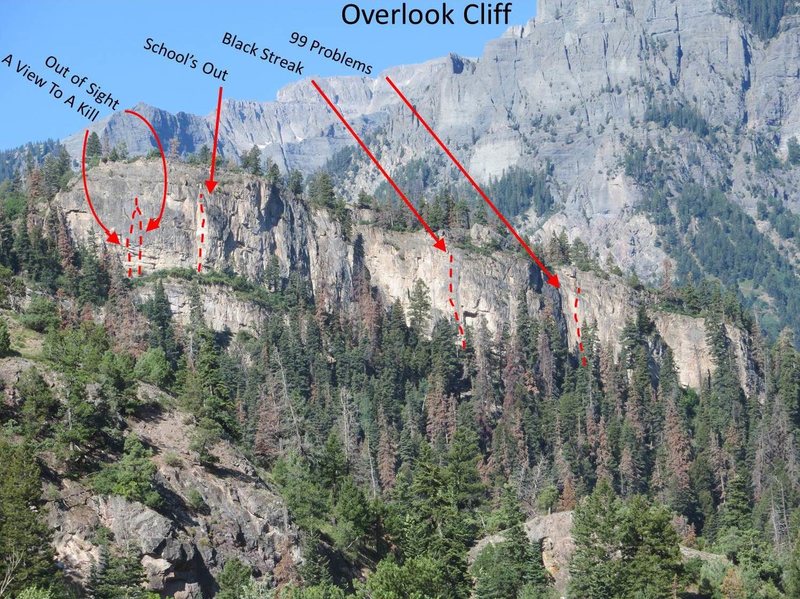 Overlook Cliff with a few routes marked (approximately). This pic was taken from near the Baby Bathtubs Trailhead.