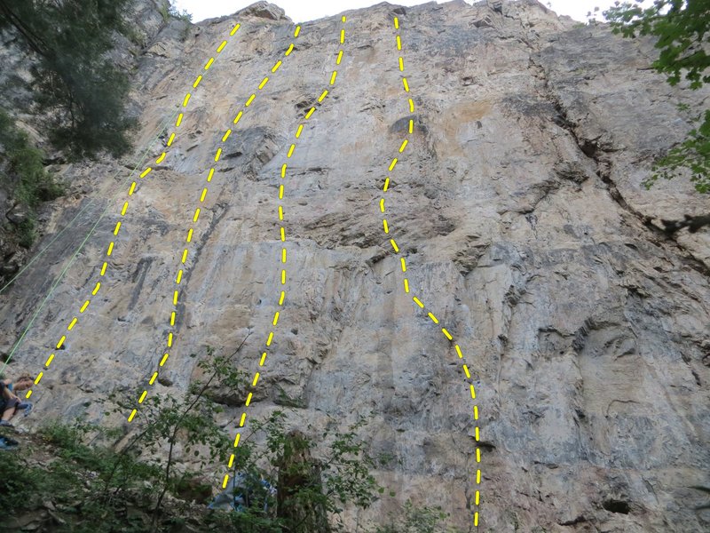 The left half of the Guide's Wall. Routes R to L:<br>
<br>
Jay's Route, 10c.<br>
99 Problems, 12a.<br>
Out of Pocket, 11d.<br>
Oh Boy Oh Boy, 12b.