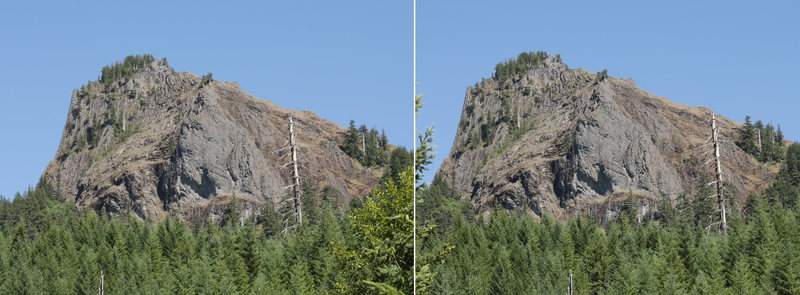 The first good view you get of Wolf approaching from the 126, looking directly east (all the climbing is on the far side from this perspective)<br>
<br>
L-R baseline is about 20 feet.