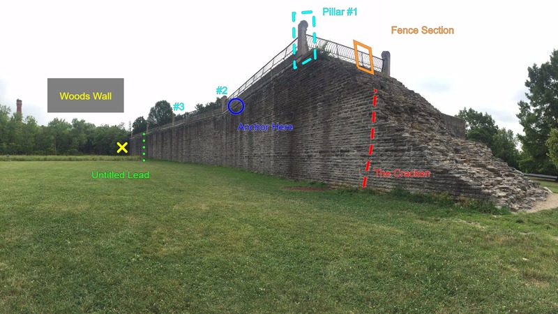 This is the West-wall; one of four areas to climb at Eden park. Its around the corner from the East wall and continues back into "Woods-wall"<br>
<br>
Routes and problems on this wall and the Woods-Wall are located by "pillars and "fence-sections".<br>
Pillars are the large columns that are at the top of the wall, running along the fence, and fence-sections are the smaller, sections of the fence, identified by the metal parts that stick out to the very edge of the wall (pictured in the photo).