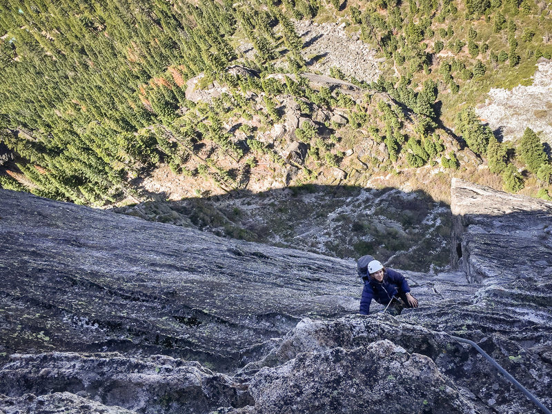 Photo credit: Mike Kavanaugh<br>
Me climbing Corrugation Corner