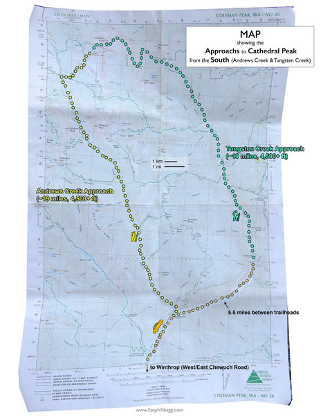 Map showing approach to Cathedral Peak area from the south (US approach).