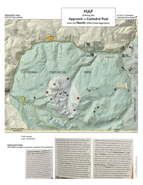 Map showing approach to Cathedral Peak area from the north (Canadian approach).