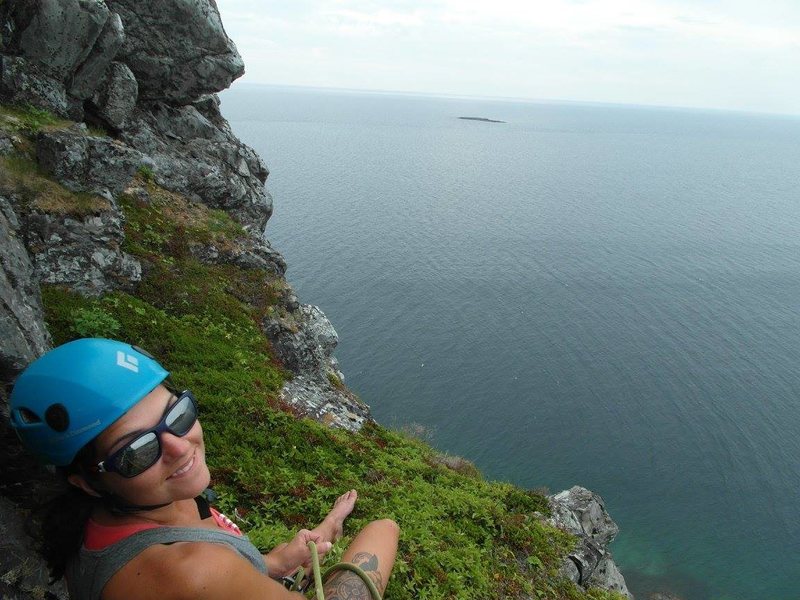 Amanda enjoying the very comfortable belay station with great views