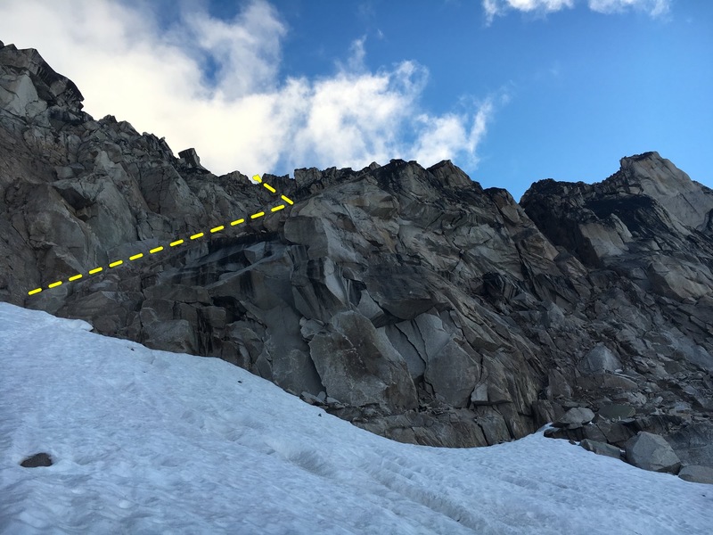 going up the crescent-bugaboo col, use the ramp depicted here. the rappel line is very close to climbers right. 4 60m rappels gets you to the ground.