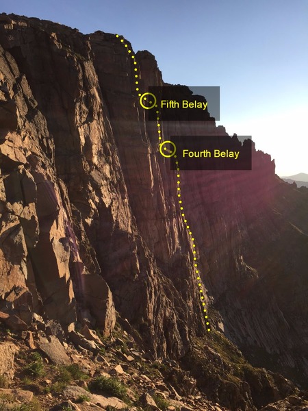 The route as seen from start of the descent trail. The fourth and fifth belays are the obvious, large, grassy ledges.